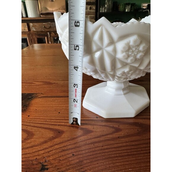 Vintage Kemple Toltec Pattern Milk Glass Oval Pedestal Scalloped Edge Bowl Wowza - Picture 8 of 11